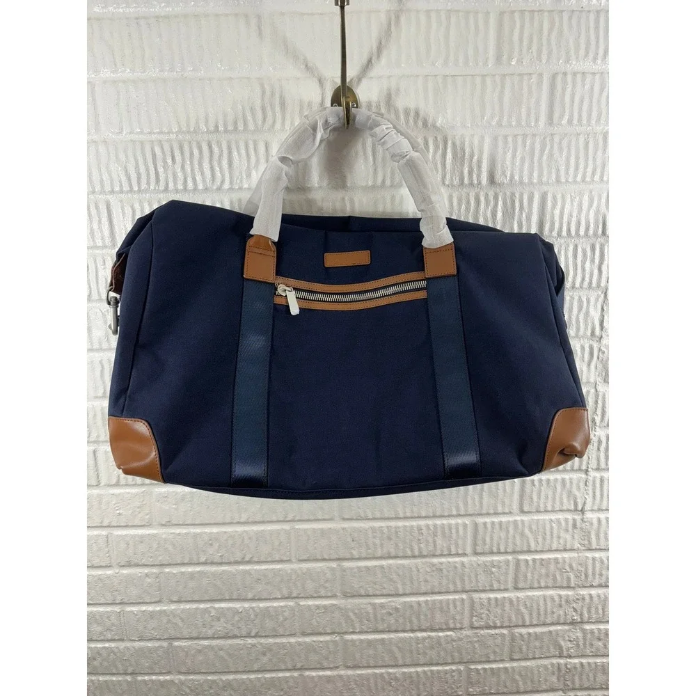 Brooks Brothers Navy Canvas Leather Trim Wells Duffle Weekend Travel Bag